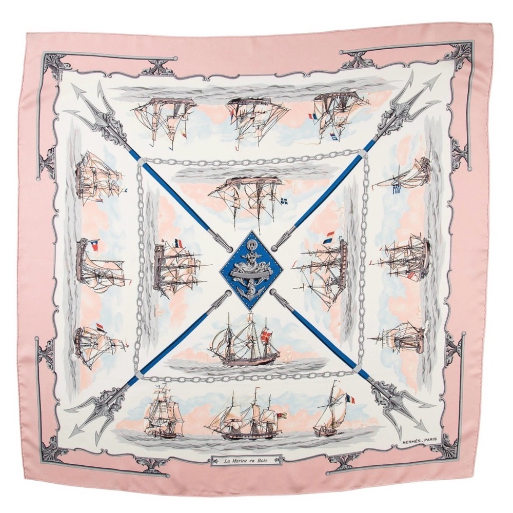 HERMES Never Worn Vintage “The Wooden Marine” Pink Carre 90 Silk Twill Scarf - Picture 1 of 16